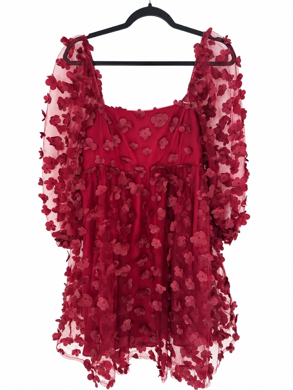 STORIA Red 3D Floral Appliqué Babydoll Mini Dress Square Neck Sheer Romantic L